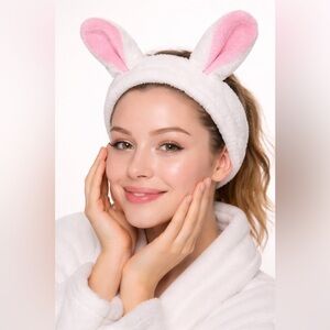 The Crème Shop 3D Teddy Headband Bunny Plush Spa Headband Pink White NWT
